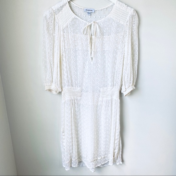 bebe Dresses & Skirts - Bebe Silk Eyelet Elastic Waist Cream Coverup Dress
